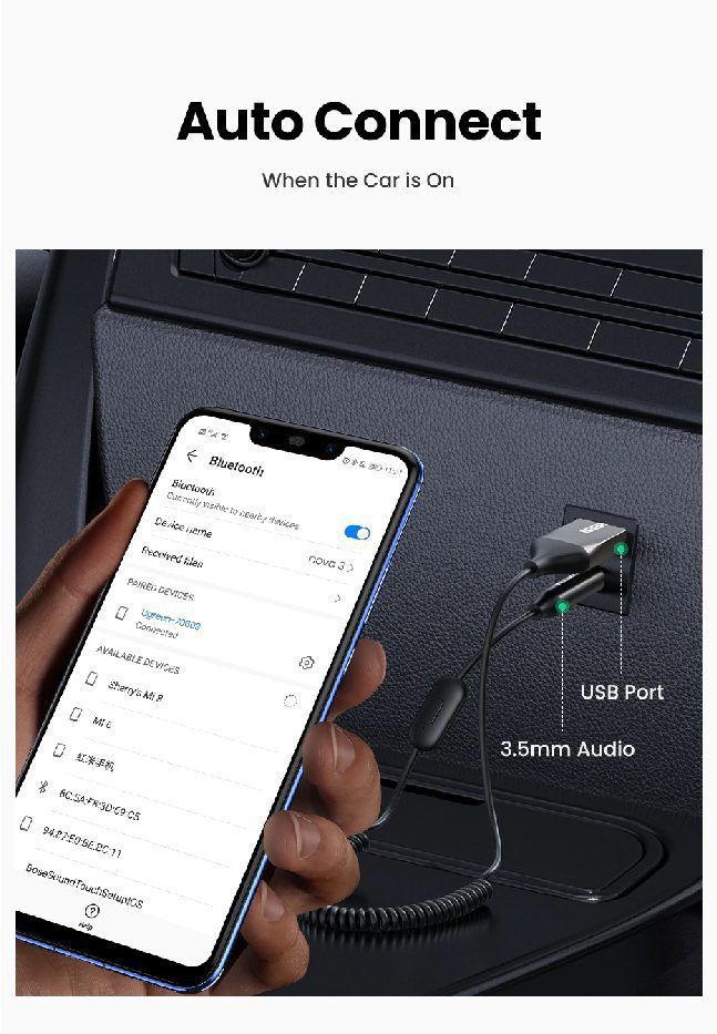 Bộ thu Bluetooth 5.0 UGREEN CM309 70603 – Bluetooth 5.0, dây lò xo tiện lợi, chống rối – Vỏ hợp kim