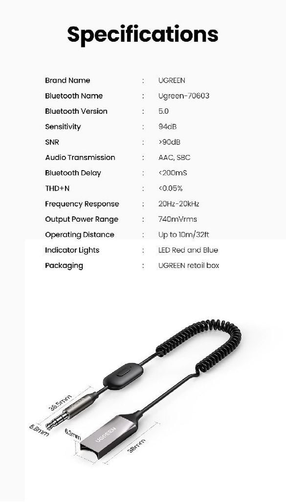 Bộ thu Bluetooth 5.0 UGREEN CM309 70603 – Bluetooth 5.0, dây lò xo tiện lợi, chống rối – Vỏ hợp kim