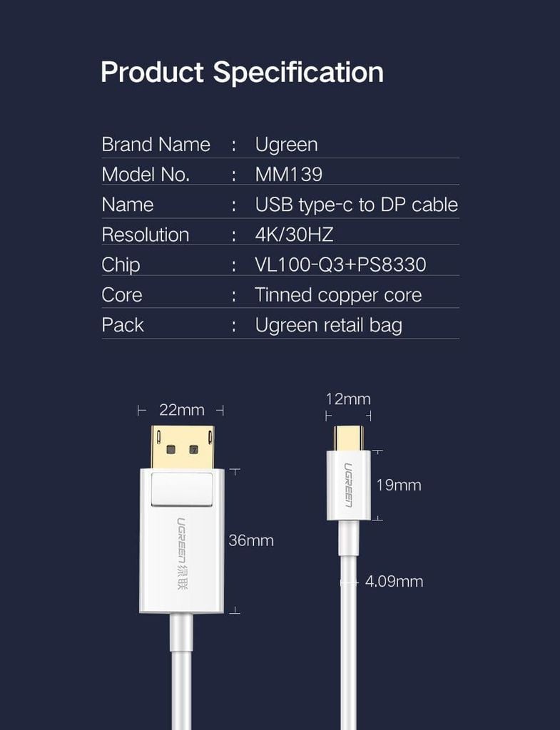 Cáp chuyển đổi Type C sang DisplayPort UGREEN MM139 – 4k 3840x2160x30Hz
