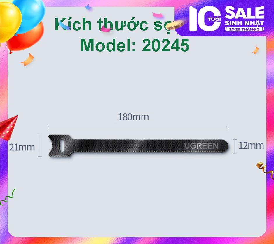 Dây dán Velcro UGREEN 20245 làm gọn dây sạc dây tai nghe dây máy tính…dài 18cm