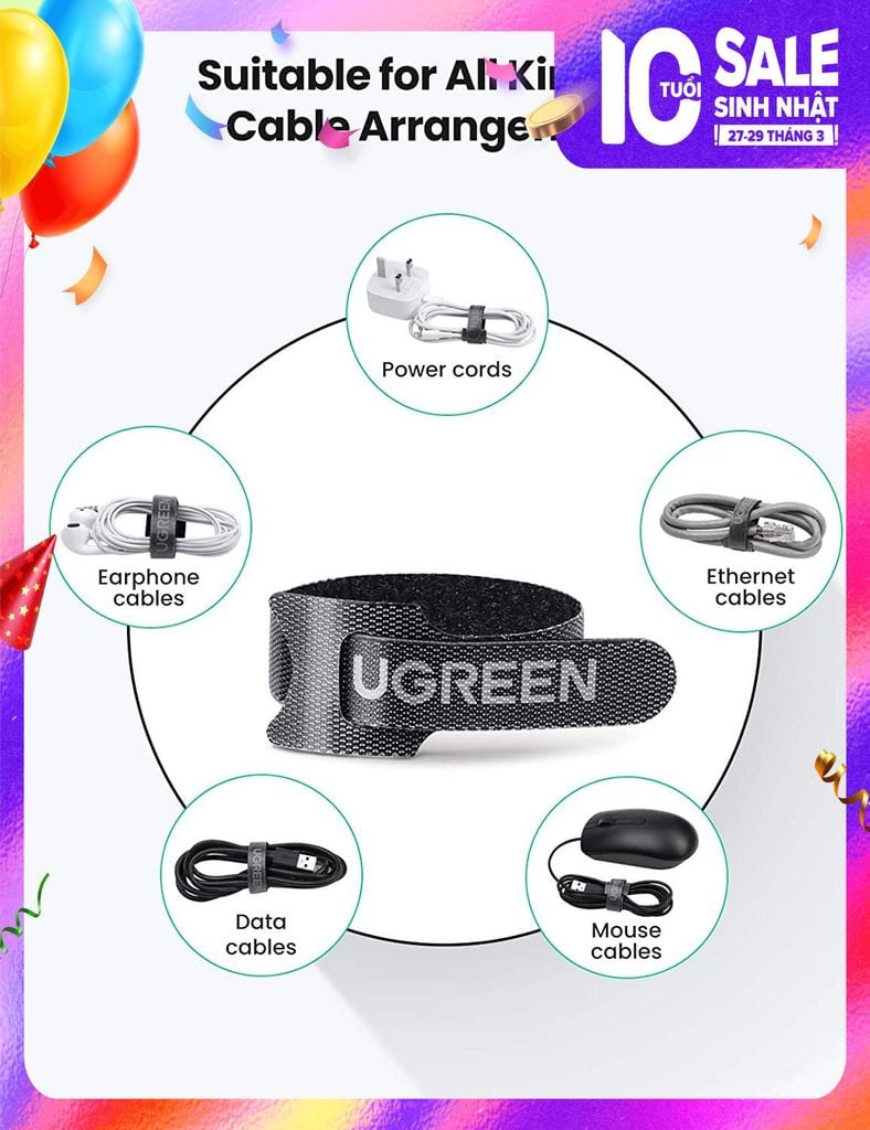 Dây dán Velcro UGREEN 20245 làm gọn dây sạc dây tai nghe dây máy tính…dài 18cm