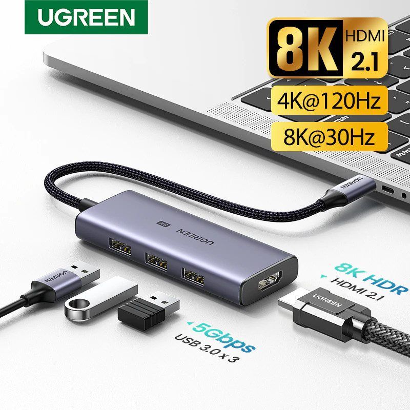 Bộ chuyển đổi USB Type C sang HDMI và USB 3.0 Ugreen CM500 50629 3*USB 3.0 A cái, HDMI 8K@30Hz,4K@120Hz