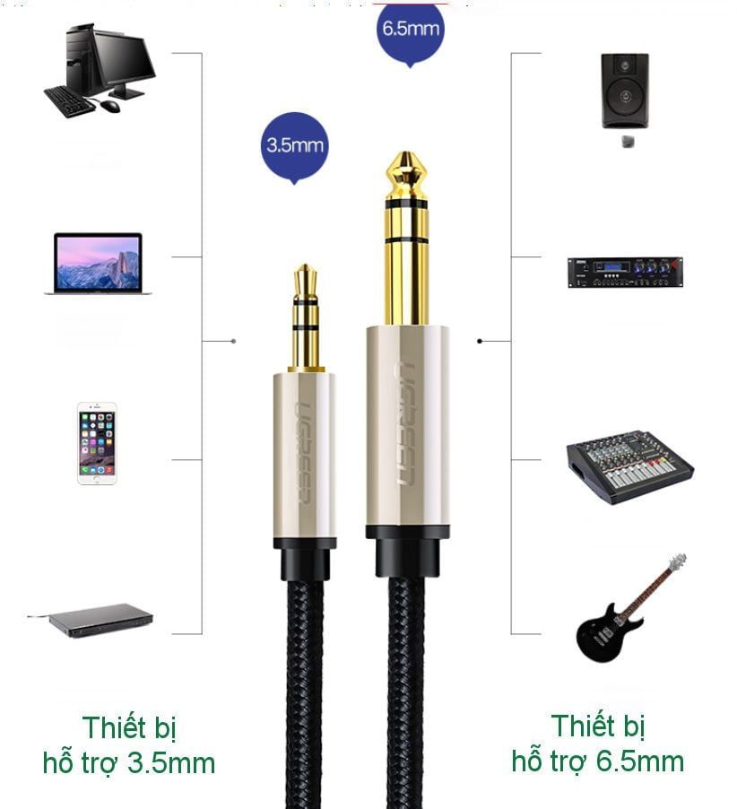 Cáp âm thanh 3.5mm ra 6.35mm UGREEN AV127 – Truyền tải âm thanh Hifi chất lượng cao – Đầu nối mạ vàng, vỏ bện chống rối