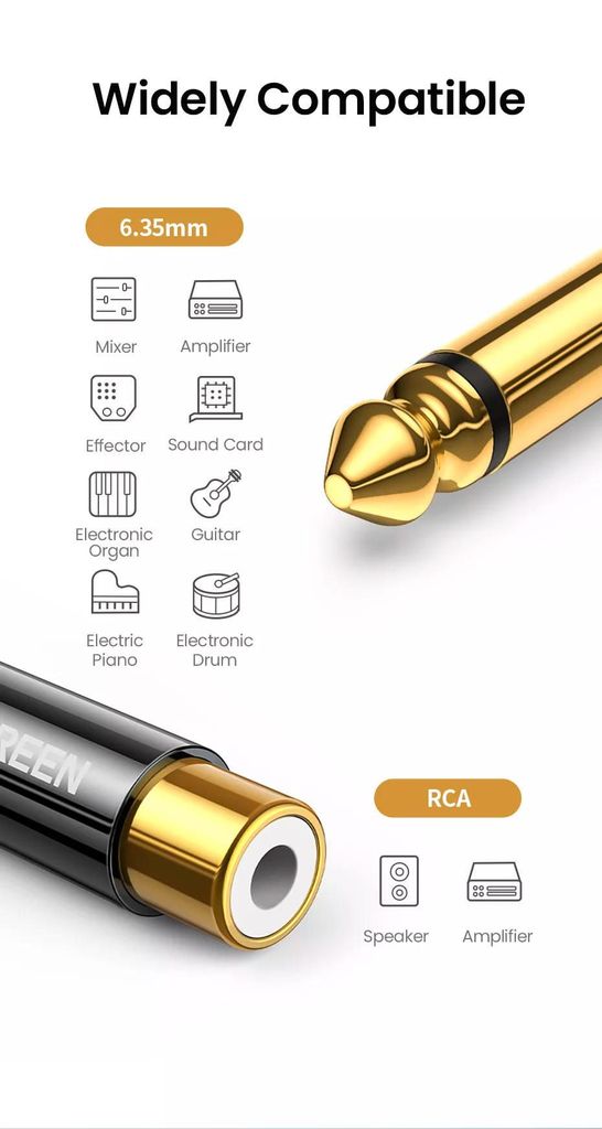 Đầu chuyển âm thanh UGREEN AV169 – Chuyển từ RCA sang 6.5mm – Đầu cáp mạ vàng, chống suy hao tín hiệu –  Hàng phân phối chính hãng – Bảo hành 18 tháng