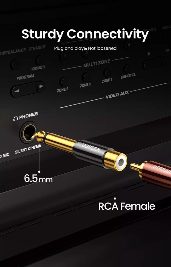 Đầu chuyển âm thanh UGREEN AV169 – Chuyển từ RCA sang 6.5mm – Đầu cáp mạ vàng, chống suy hao tín hiệu –  Hàng phân phối chính hãng – Bảo hành 18 tháng
