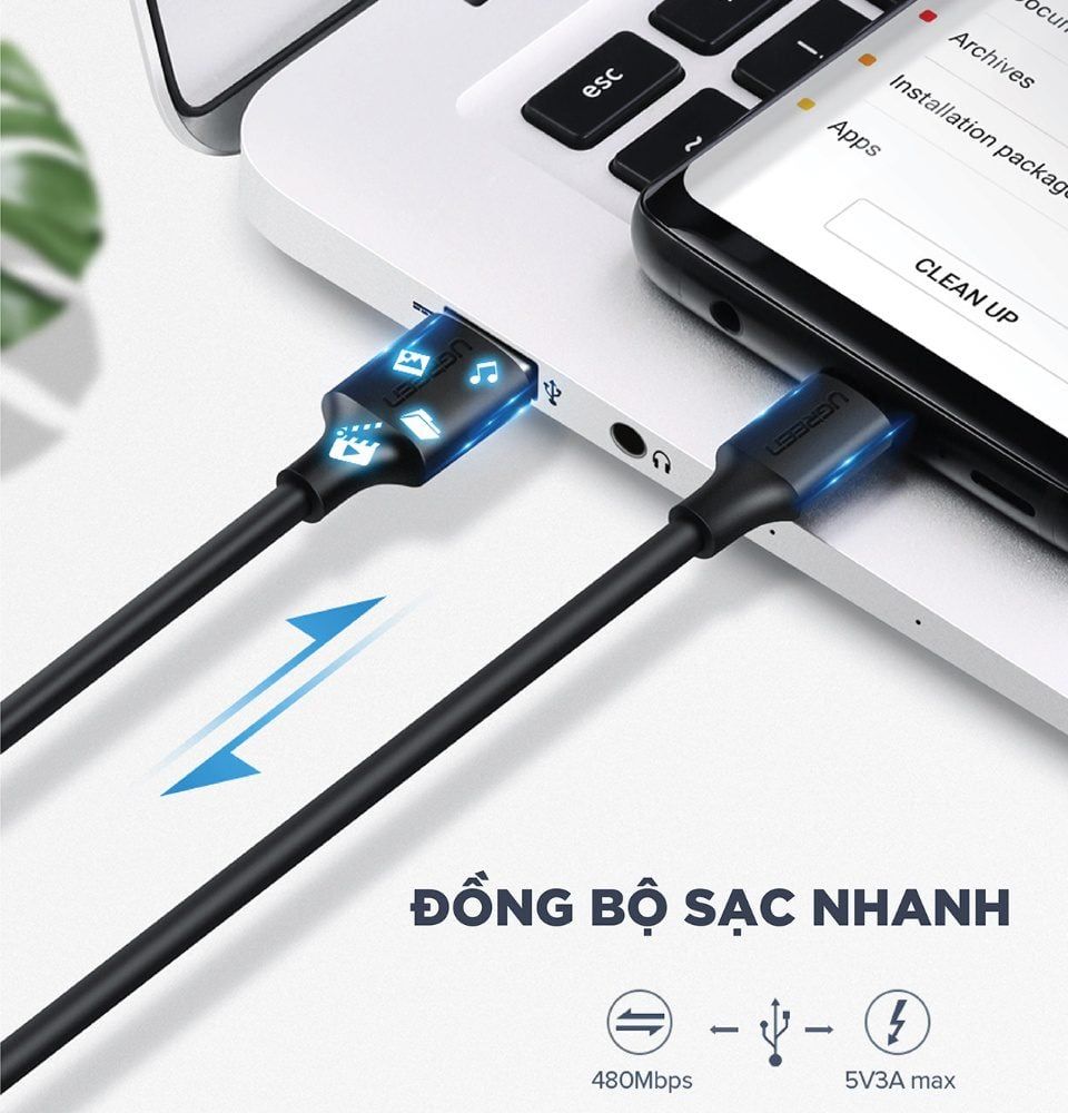 Cáp sạc nhanh Type C UGREEN US287 – Dòng sạc tối đa 3A, tương thích nhiều dòng điện thoại khác nhau