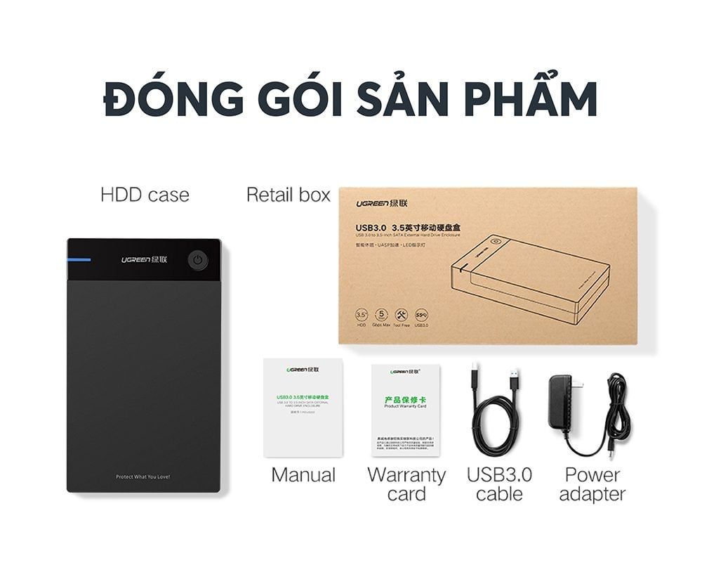 Hộp đựng ổ cứng 3.5/2.5 inch UGREEN US222 hỗ trợ 10TB