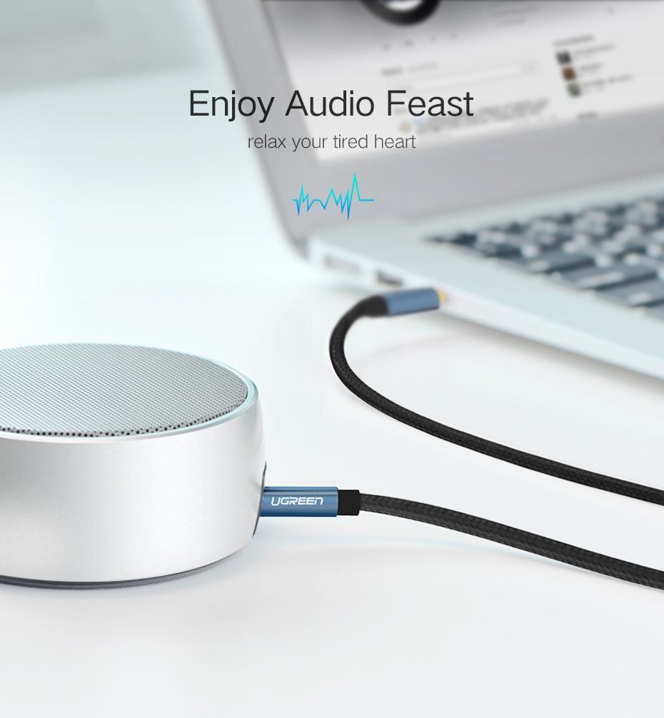 Dây âm thanh 3.5mm UGREEN AV112 Đầu vuông góc gập, vỏ bện vải sợi tổng hợp
