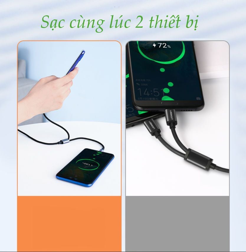 Cáp sạc nhanh 2 trong 1  UGREEN US196 – Sạc nhanh QC 3.0 2.0 cổng Micro USB và Type C