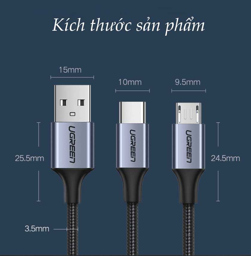 Cáp sạc nhanh 2 trong 1  UGREEN US196 – Sạc nhanh QC 3.0 2.0 cổng Micro USB và Type C