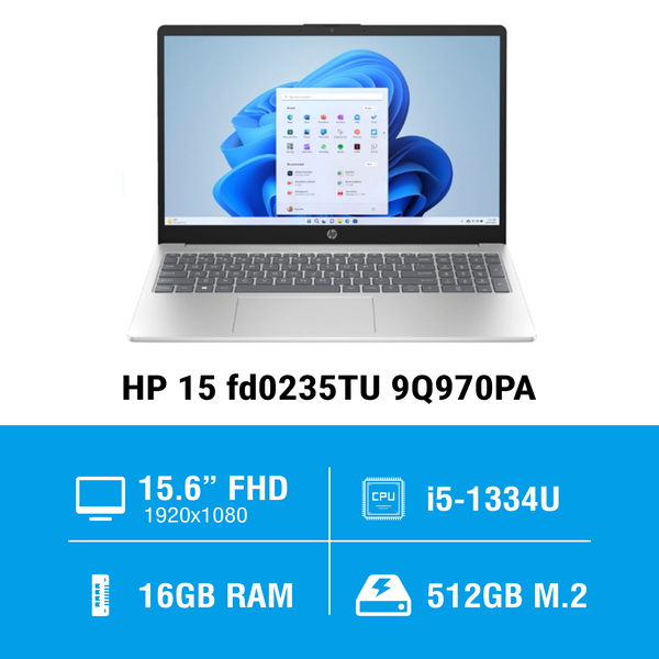 Laptop HP 15 fd0235TU 9Q970PA (i5 1334U/ 16GB/ 512GB SSD/15.6 inch FHD/Win11/ Bạc)