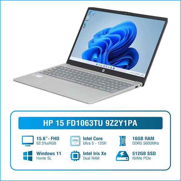 Laptop - Máy tính xách tay HP 15 fd1063TU 9Z2Y1PA (Ultra 5 125H/ 16GB/ 512GB SSD/ 15.6 inch FHD/ Win11/ Gold)
