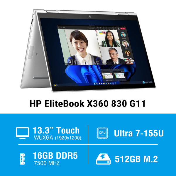 Laptop HP EliteBook 830 x360 G11 A7RA8PT (Ultra 7 155U/ 16GB/ 512GB SSD/ 13.3 inch WUXGA Touch/ Win 11 Pro/ Silver/ Vỏ nhôm)