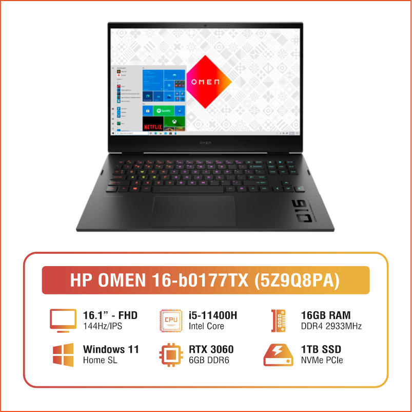 Laptop HP Omen Gaming 16-b0177TX 5Z9Q8PA (Core i5 11400H/ 16GB/ 1TB SSD/  Nvidia GeForce RTX 3060 6GB GDDR6/ FHD/ Windows 11 Home/ Black/ Vỏ 