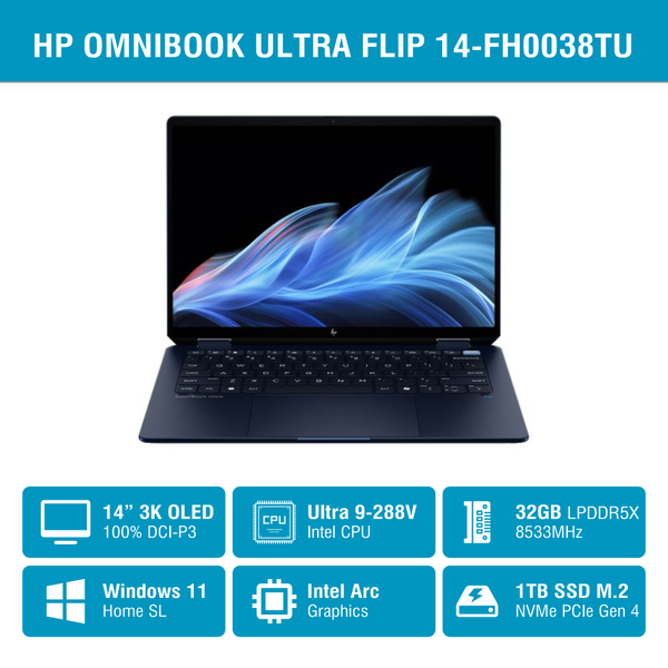 Laptop HP OmniBook Ultra Flip 14-fh0038TU B2CP4PA (Ultra 9 288V/ Ram 32GB/ SSD 1TB/ Windows 11 Home/ 1Y/ Xanh)