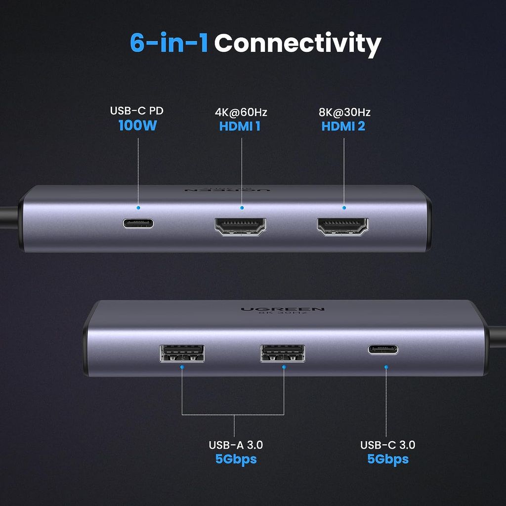 Hub Type C ra 2 cổng HDMI Ugreen 15852 2*USB-A 3.0+USB-C 3.0+2*HDMI+PD port Converter 2*HDMI with PD