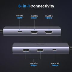 Hub Type C ra 2 cổng HDMI Ugreen 15852 2*USB-A 3.0+USB-C 3.0+2*HDMI+PD port Converter 2*HDMI with PD
