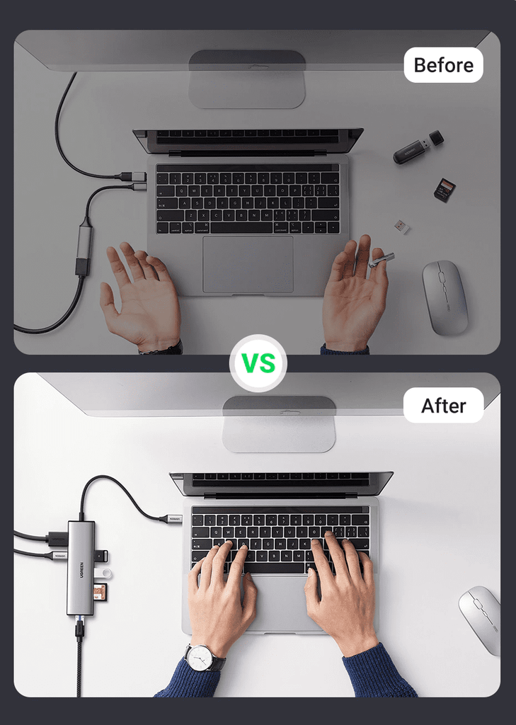 Hub chuyển đổi Type C Ugreen 90568 4K30Hz USB type C to 2 * USB3.0 + HDMI + RJ45 + SD&TF + PD Converter