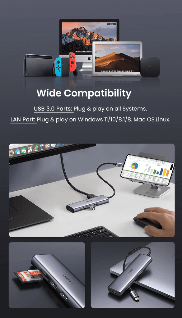 Hub chuyển đổi Type C Ugreen 90568 4K30Hz USB type C to 2 * USB3.0 + HDMI + RJ45 + SD&TF + PD Converter