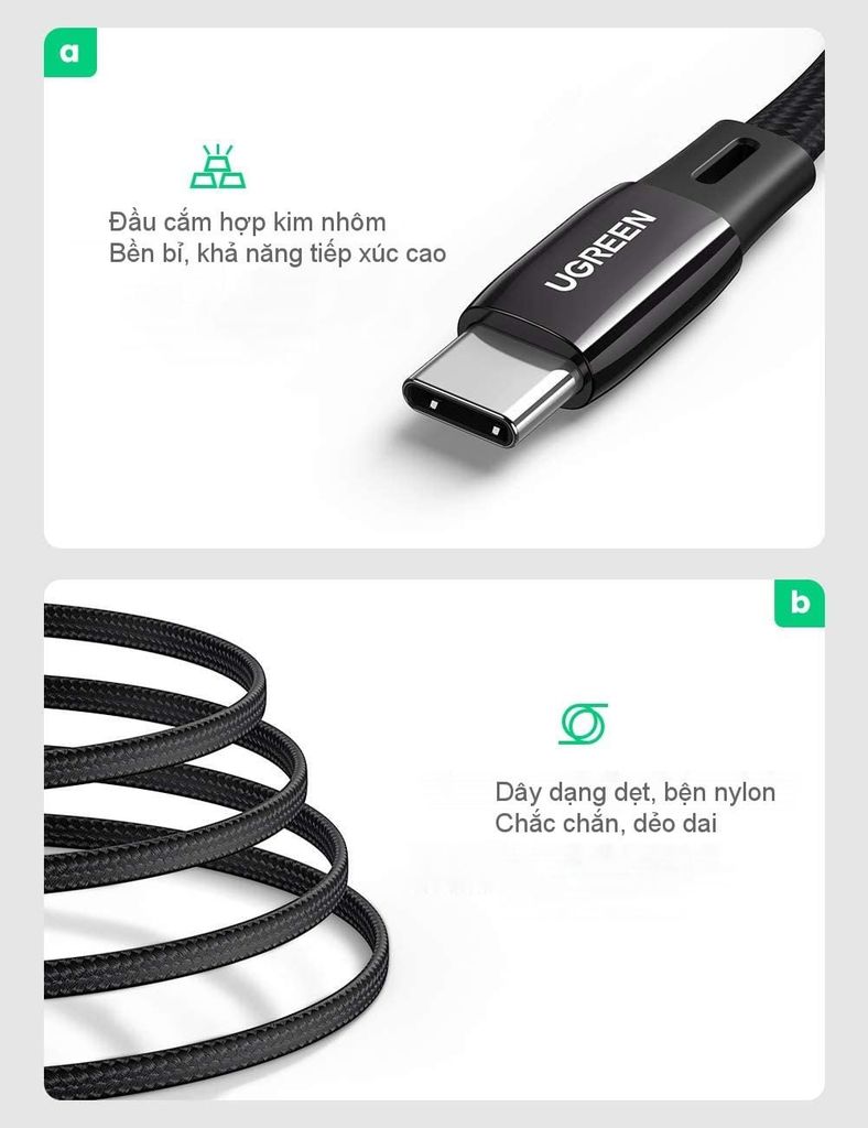 Cáp sạc nhanh Type C PD60W UGREEN US331