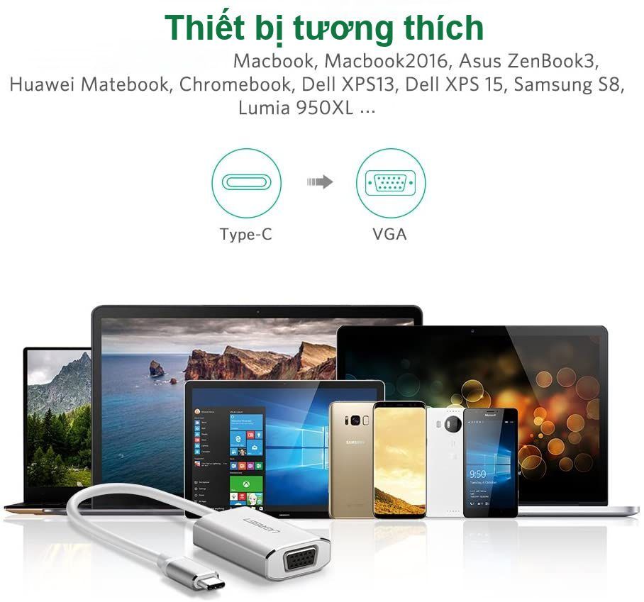 Cáp chuyển đổi Type C sang VGA UGREEN CM114 Hỗ trợ độ phân giải 1920x1080P/60Hz – Lõi đồng nguyên chất, truyền tải tín hiệu ổn định