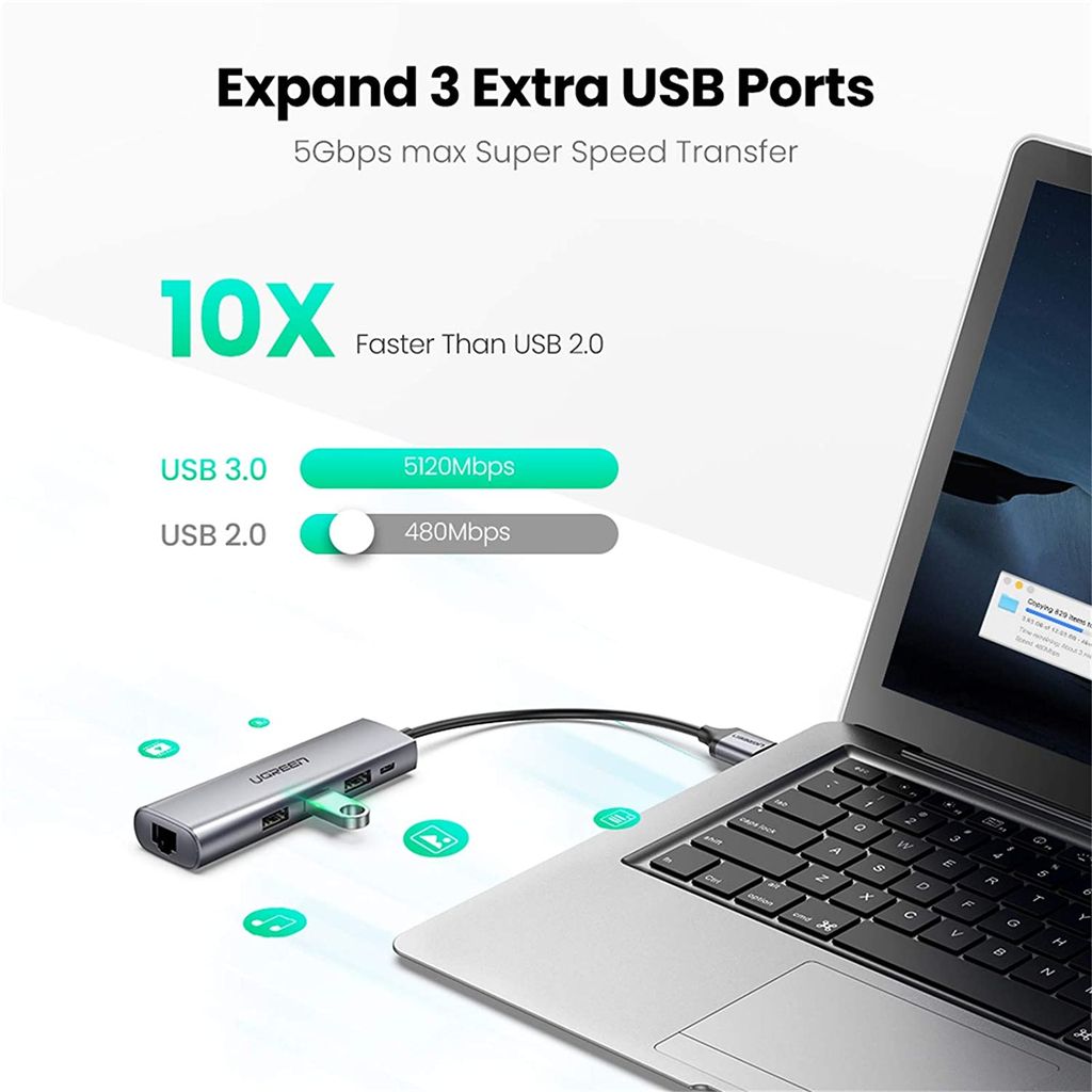 Bộ chuyển USB 3.0 sang LAN, 3*USB 3.0 UGREEN 60812 – Tốc độ mạng 1Gbps, tốc độ truyền dữ liệu 5Gbps