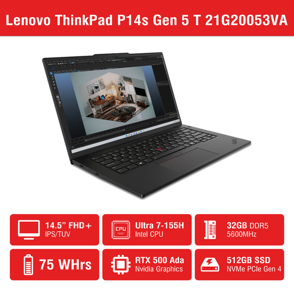 Laptop Lenovo ThinkPad P14s Gen 5 T 21G20053VA (Intel Core Ultra 7 155H | RTX 500 Ada | 14.5 inch WUXGA IPS | 32GB | 512GB | NoOS | Đen)