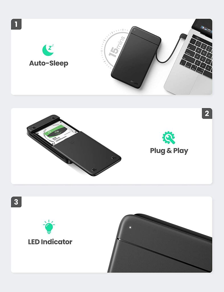 Hộp đựng ổ cứng 2.5 inch SSD HDD chuẩn SATA hỗ trợ ổ cứng lên đến 6TB 2 loại vỏ nhôm và nhựa cao cấp kích thước 128x82x14mm UGREEN US221 CM300