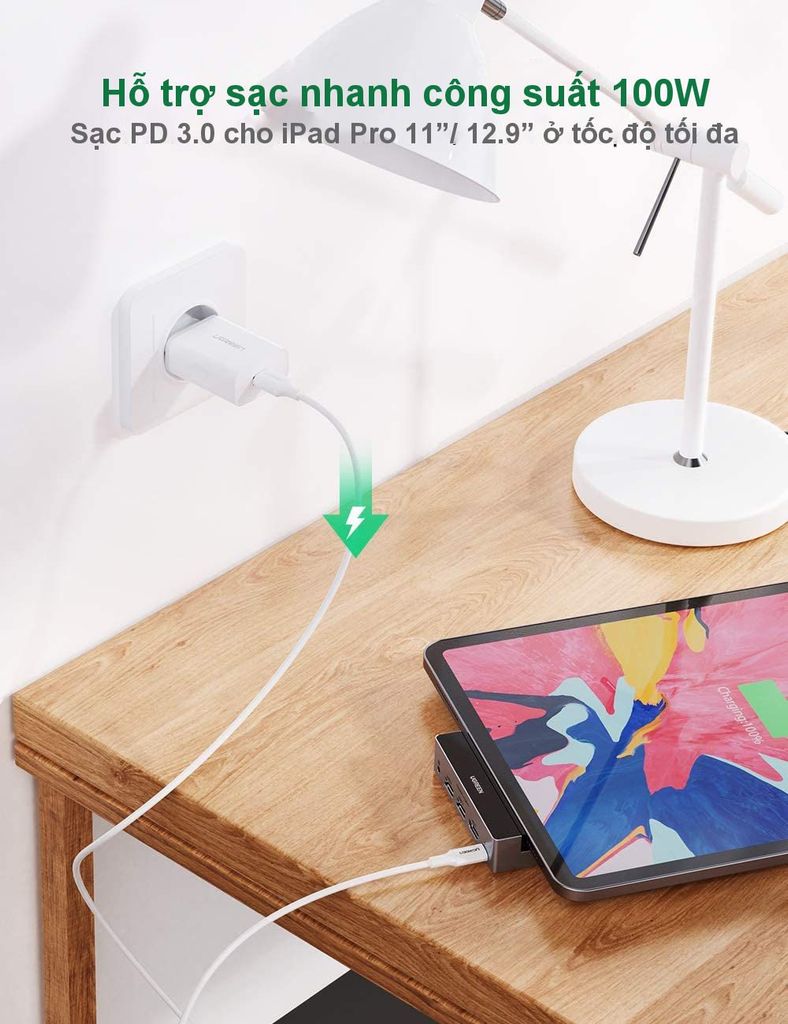 Hub chuyển đổi iPad Pro UGREEN 70688 – Mở rộng cổng 3.5mm, HDMI, USB 3.0 , PD100W – Tương thích iPad Pro 2018 2020