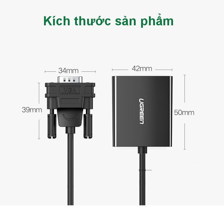 Bộ chuyển đổi VGA sang HDMI + Audio 3.5mm  UGREEN 60814 Hỗ trợ phân giải Full HD 1080p@60HZ – Cổng nguồn Micro USB 5V – Bảo hành 18 tháng
