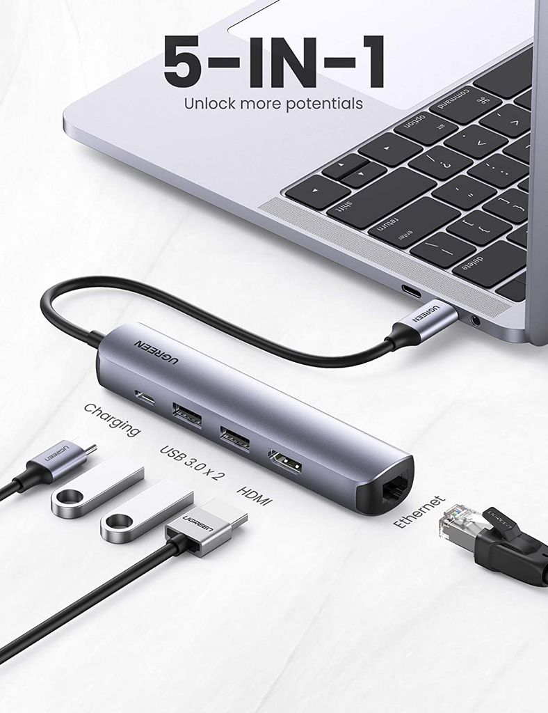 Bộ chuyển đổi Type C UGREEN 10919 – Type C sang HDMI, USB 3.0, Lan Gigabit và PD 100W – Hỗ trợ phân giải 4K*2K@30Hz, Tốc độ truyền 5Gbps