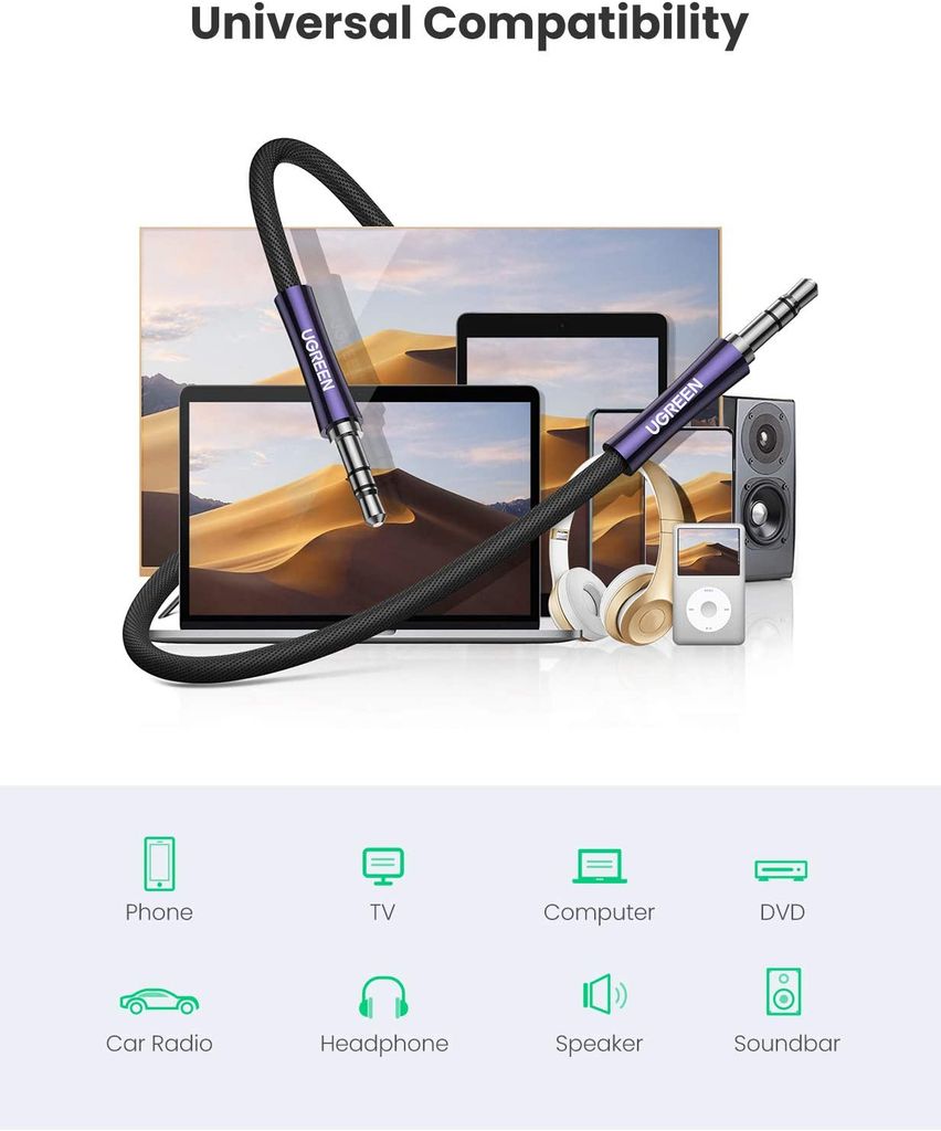 Cáp âm thanh 3.5mm UGREEN AV171 – Đầu mạ bạc chống ăn mòn , truyền tải tín hiệu ổn định – Dây bện mềm mại tăng tuổi thọ sử dụng