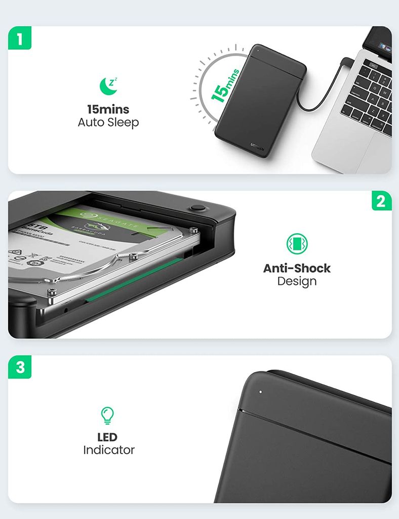 Hộp đựng ổ cứng di động SSD và HDD 2,5 inch UGREEN 10904 – Tốc độ truyền 5Gbps, tương thích ngược với USB 2.0 / 1.1