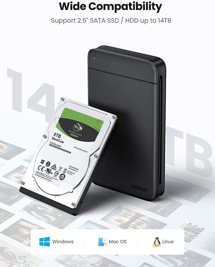 Hộp đựng ổ cứng di động SSD và HDD 2,5 inch UGREEN 10904 – Tốc độ truyền 5Gbps, tương thích ngược với USB 2.0 / 1.1