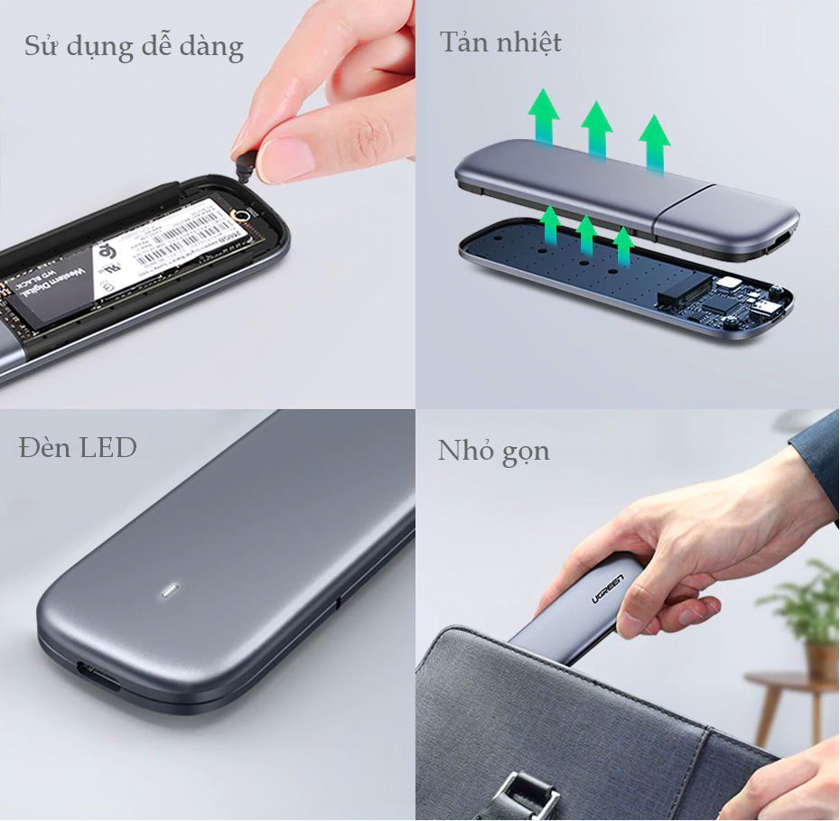 Hộp đựng ổ cứng UGREEN CM238 – Tương thích M2 SATA NGFF/NVME B-Key / M-Key và M+B Key 2280/2260/2242/2230