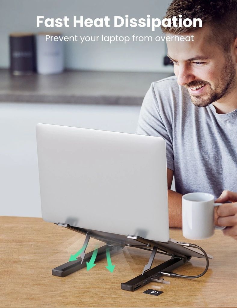 Giá đỡ laptop UGREEN 80551 tích hợp HUB chia cổng HDMI 4K, thẻ SD/TF, USB3.0, USB-C