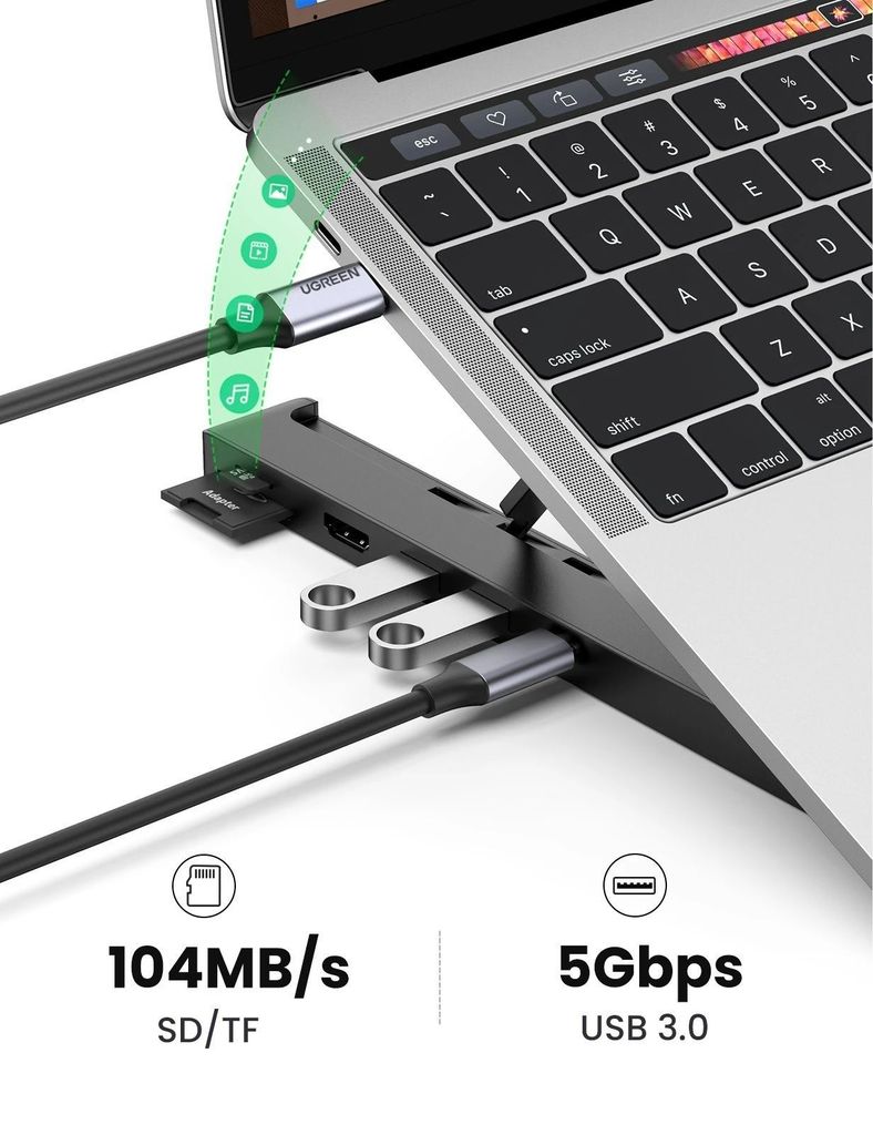 Giá đỡ laptop UGREEN 80551 tích hợp HUB chia cổng HDMI 4K, thẻ SD/TF, USB3.0, USB-C