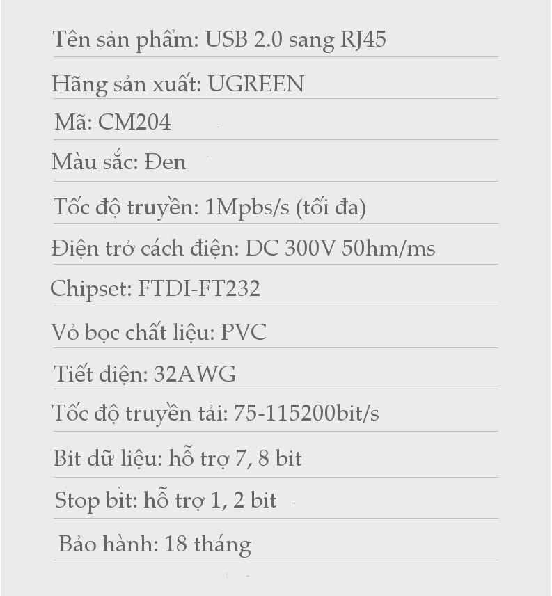 Cáp Console UGREEN CM204 Chuyển USB 2.0 sang RJ45 FTDI (chuẩn 8 pin)