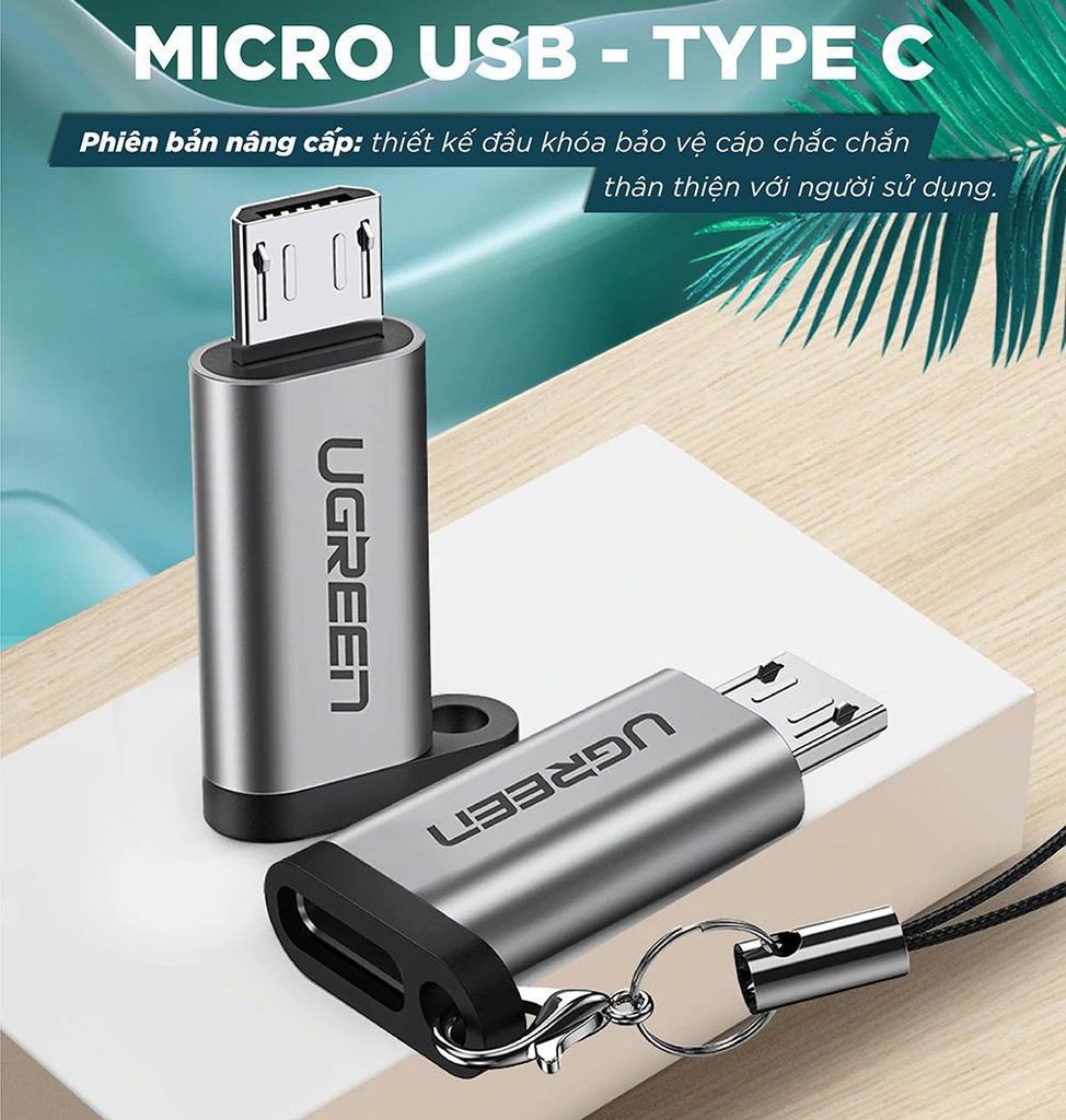 Đầu chuyển Type C sang Micro USB UGREEN US282 Vỏ nhiệt tản nhiệt tốt, kèm móc khóa