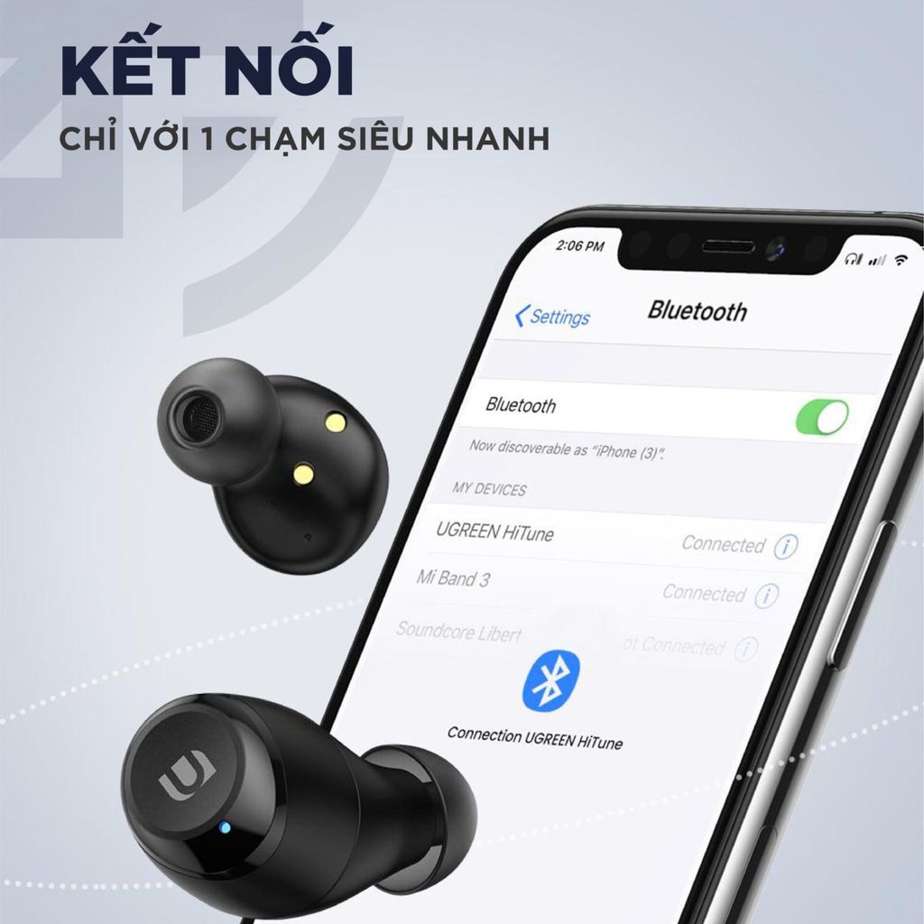 Tai nghe Bluetooth TWS UGREEN WS100; Âm thanh Hifi True Wireless, chống nước IPX5; Sạc đầy trong 15 phút, 27h Playtime