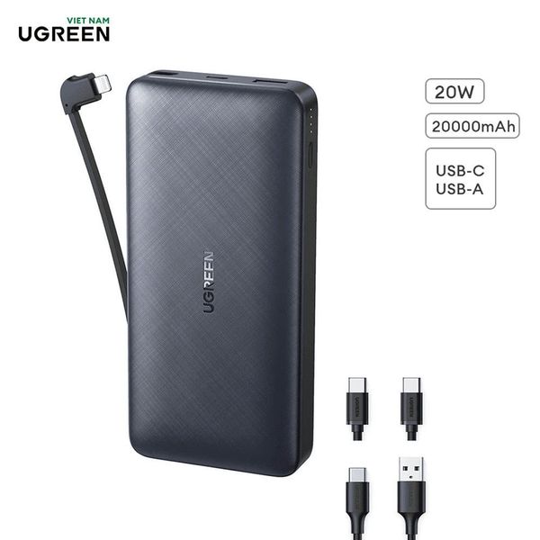Pin sạc dự phòng Ugreen 10400 20.000mAh, tích hợp cáp Lightning Sạc nhanh 20W, tích hợp cáp Lightning