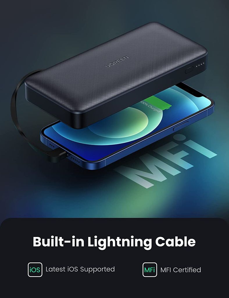 Pin sạc dự phòng Ugreen 10400 20.000mAh, tích hợp cáp Lightning Sạc nhanh 20W, tích hợp cáp Lightning