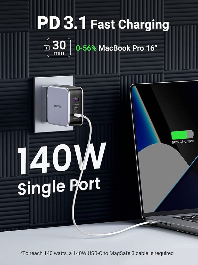 Sạc nhanh 140W chân tròn Ugreen CD289 công nghệ GaN 2xUSB-C, 1xUSB-A, kèm dây sạc