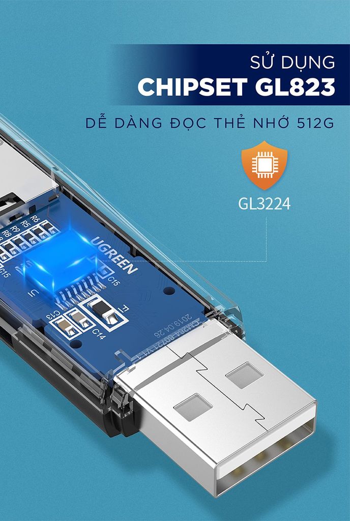 Đầu đọc thẻ nhớ UGREEN CM264 Đọc thẻ SD/TF chuẩn USB 2.0 – Tốc độ truyền 480Mbps Hỗ trợ tối đa lên đến 512GB