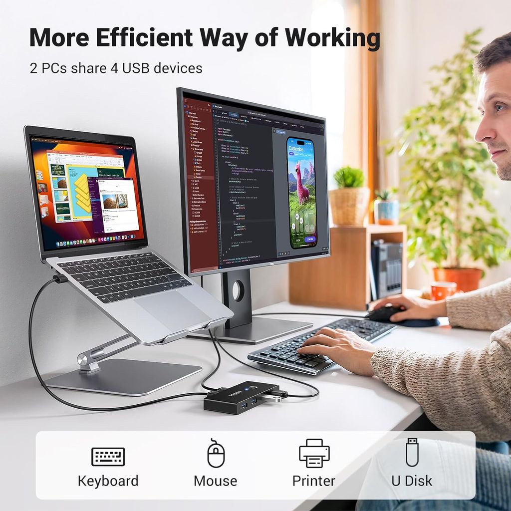 Switch chia sẻ máy in USB 3.0 Ugreen 30768 2 máy tính dùng chung máy in, máy Scan
