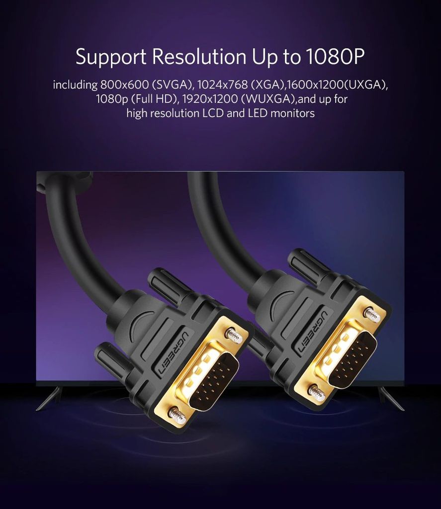 Dây cáp kết nối VGA HDB 15 đực sang HDB 15 đực dài từ 1-30M UGREEN VG101 VG105