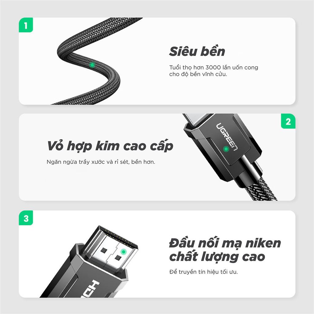 Cáp HDMI 2.0 UGREEN HD136 – Hỗ trợ phân giải 4K@60Hz, âm thanh HD Dolby Digital 7.1- Đầu tiếp xúc mạ Niken, lõi đồng nguyên chất