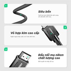 Cáp HDMI 2.0 UGREEN HD136 – Hỗ trợ phân giải 4K@60Hz, âm thanh HD Dolby Digital 7.1- Đầu tiếp xúc mạ Niken, lõi đồng nguyên chất