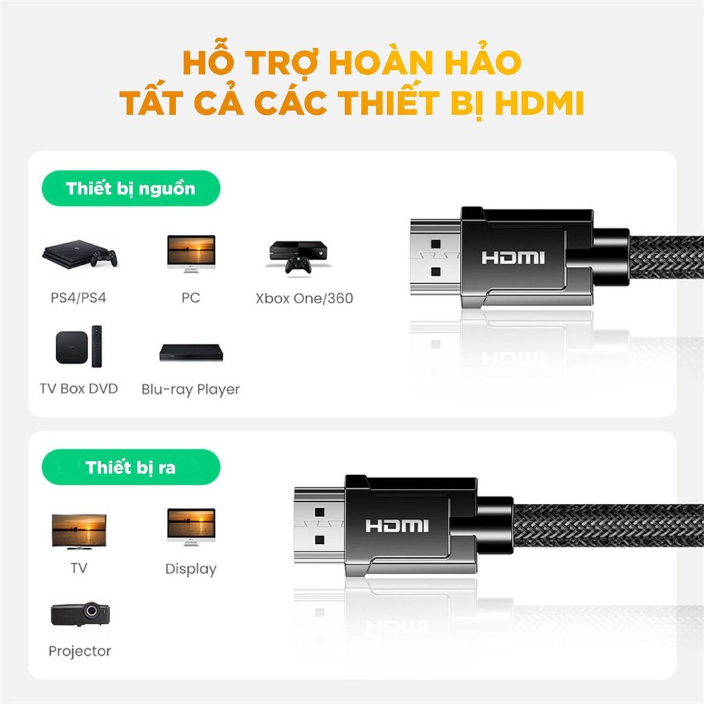 Cáp HDMI 2.0 UGREEN HD136 – Hỗ trợ phân giải 4K@60Hz, âm thanh HD Dolby Digital 7.1- Đầu tiếp xúc mạ Niken, lõi đồng nguyên chất