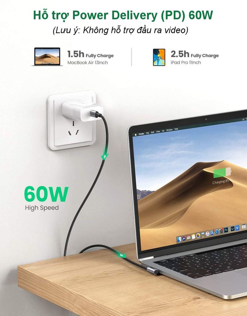 Cáp sạc nhanh PD60W UGREEN US255 – Đầu bẻ vuông góc, sạc nhanh QC 3.0 dòng 3A